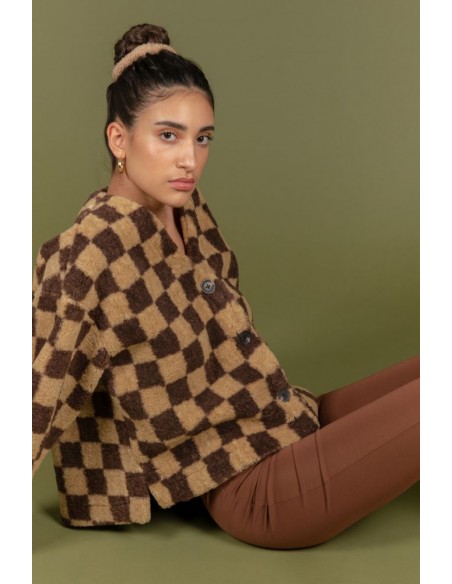 24 Colours Teddy Checked Jacket in Brown - 90371