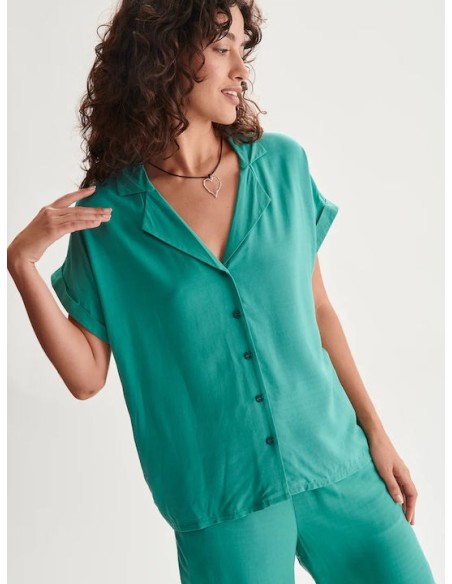 24 Colours Μακρυμάνικο Γυναικείο Πουκάμισο Τιρκουάζ - 30418a