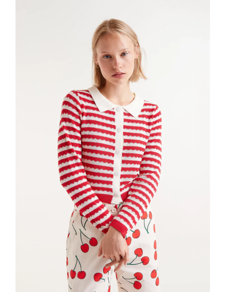 Compania Fantastica Red Striped Polo Neck Cardigan - 51C/10331