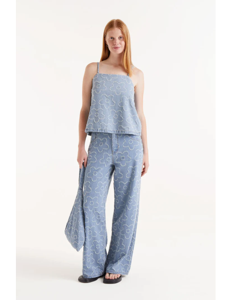 Compania Fantastica Denim top with woven flowers - 51C/11027