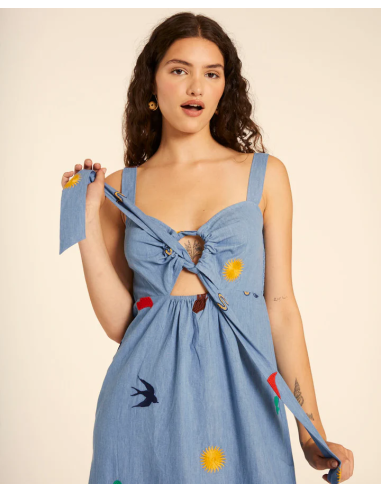 PEPALOVERS KNOTTED EMBROIDERY DENIM DRESS - 111337