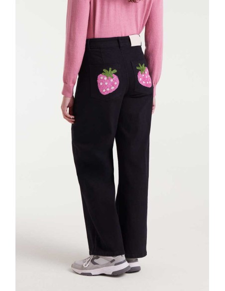 Compania Fantastica Denim Pants Black with strawberry embroidery - 53C/47001