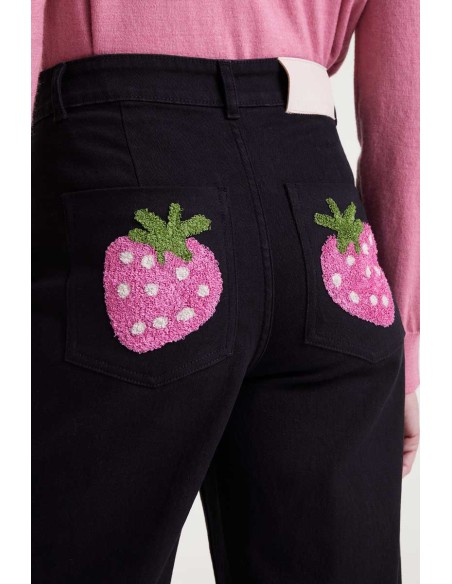 Compania Fantastica Denim Pants Black with strawberry embroidery - 53C/47001