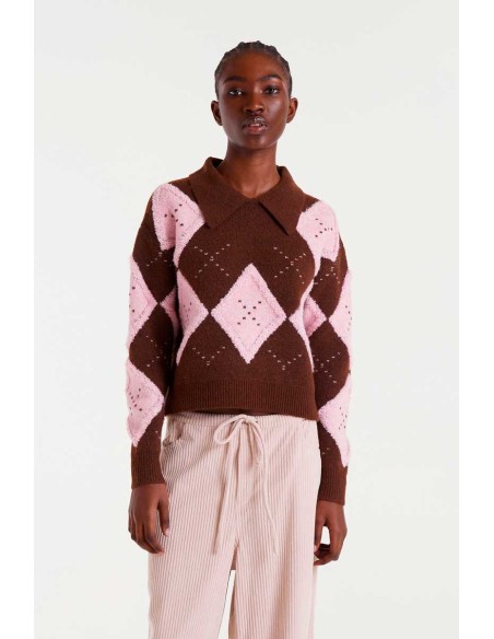 Compania Fantastica sweater Pink and brown diamond-stitch jacquard - 54C/10152